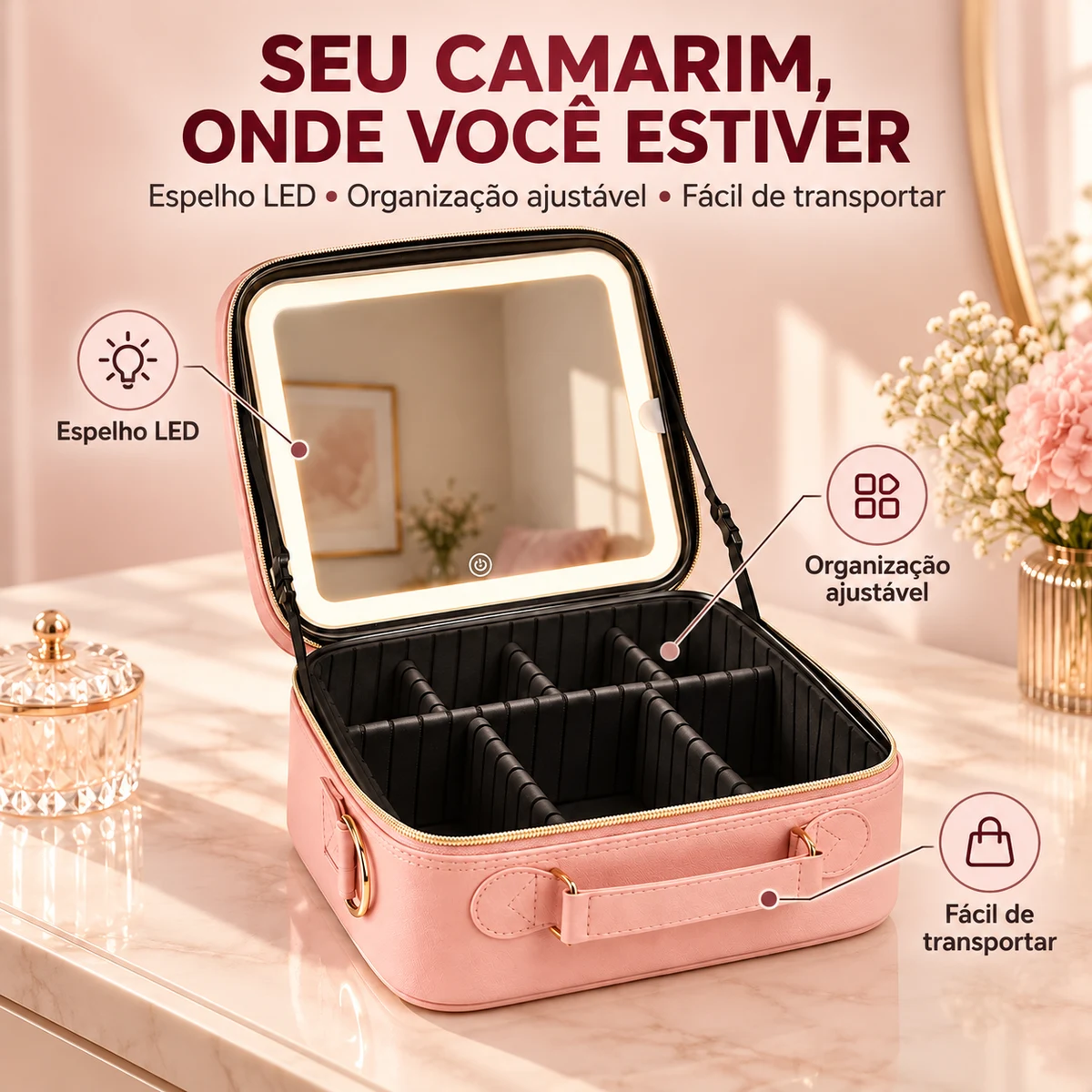 Benefícios da Maleta Miravie com espelho LED, organização ajustável e transporte fácil