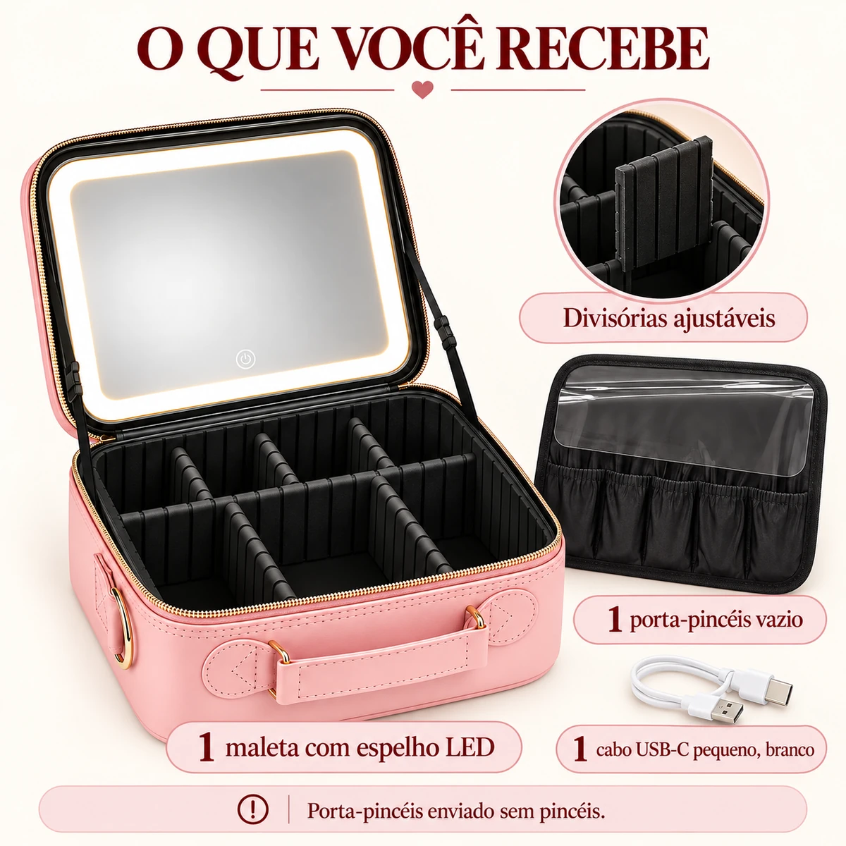 Conteúdo recebido: maleta Miravie, divisórias ajustáveis, porta-pincéis vazio e cabo USB-C pequeno branco