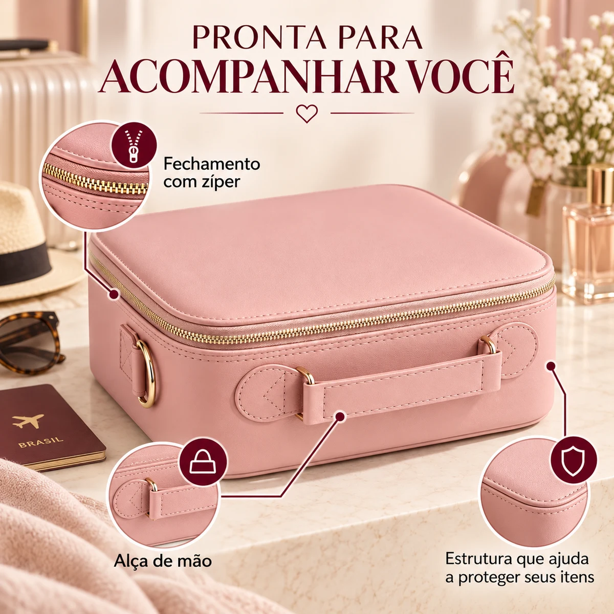 Detalhes de transporte, zíper, alça de mão e proteção da Maleta Miravie